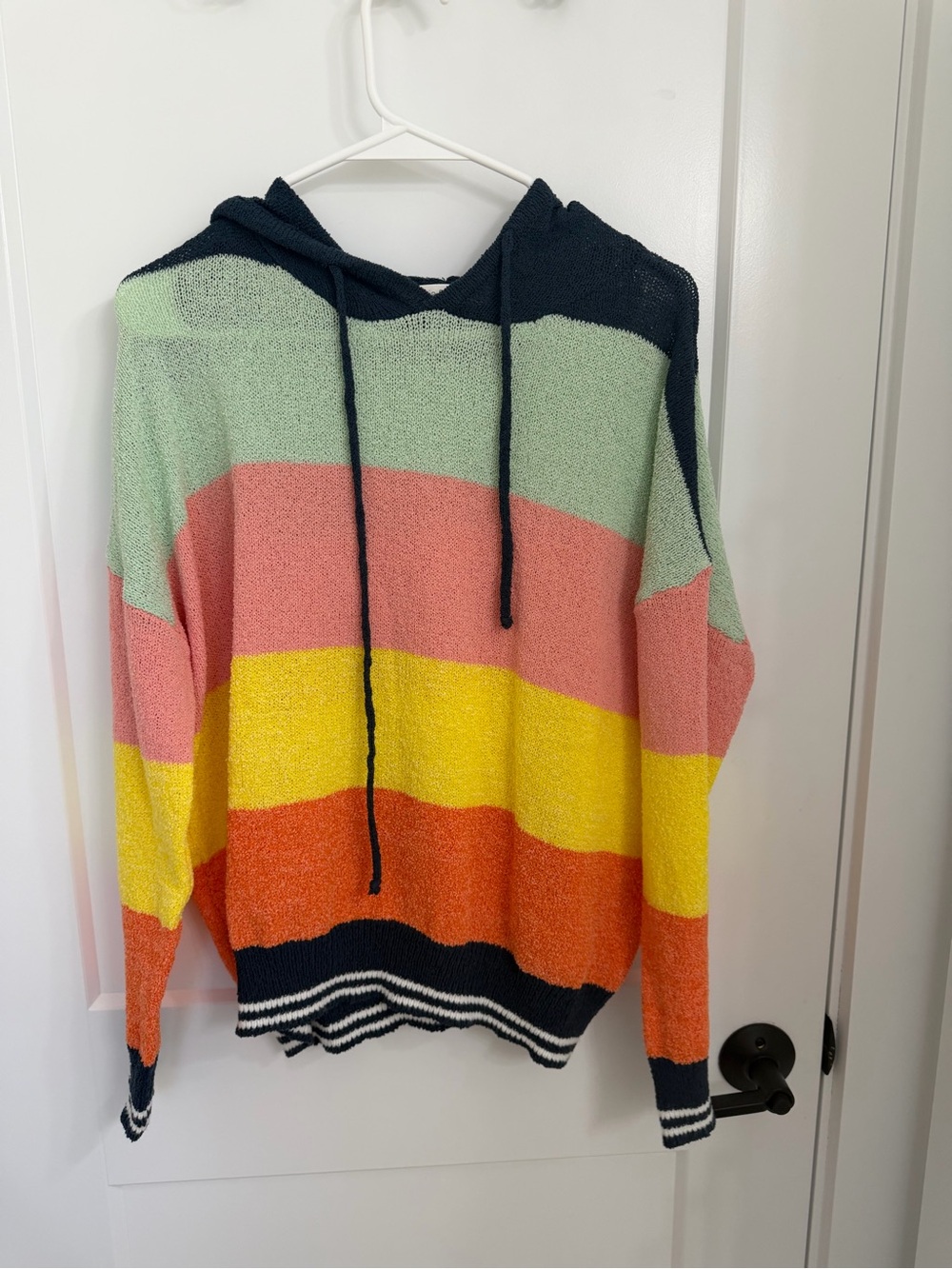 Mia & Tess Striped Hooded Crewneck Sweater in Mint, Pink, Yellow, Orange, Navy